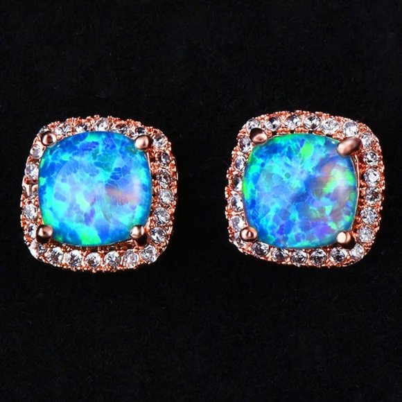 Jewelry - NEW 18K Rose Gold Blue Opal Diamond Halo Earrings